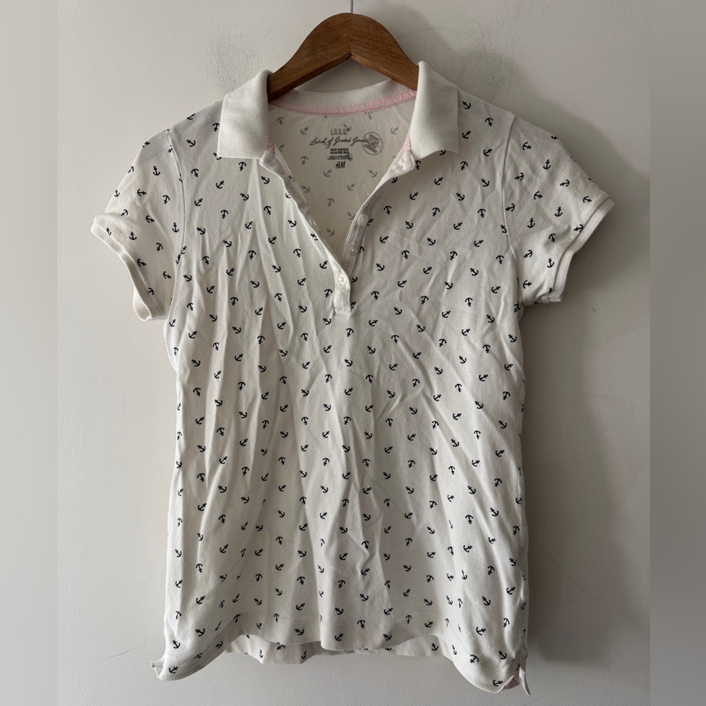 H&M LOGG Off-White Polo T-shirt w/ Anchors Cotton‎ Short Sleeve Top